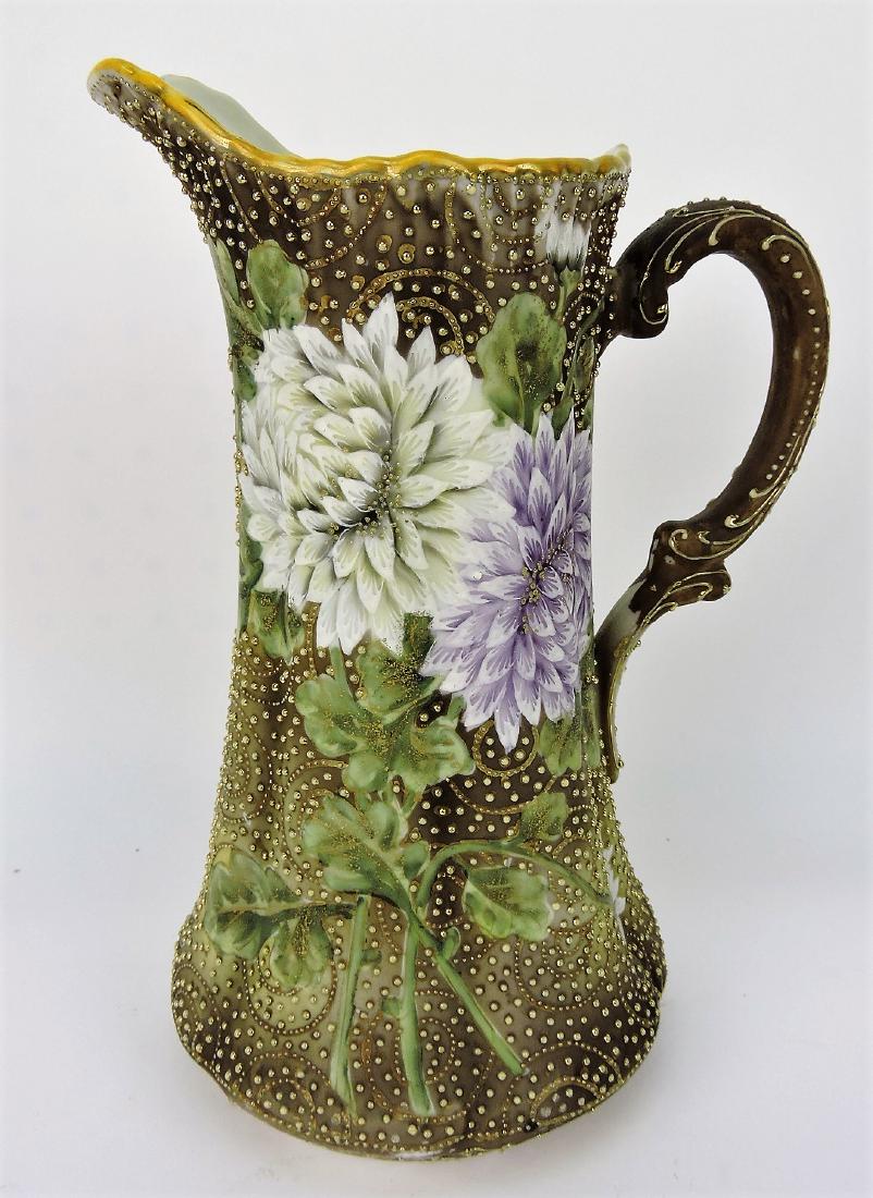 Nippon Dahlia 11" pitcher with heavy: gold beading, rim chip, hairline