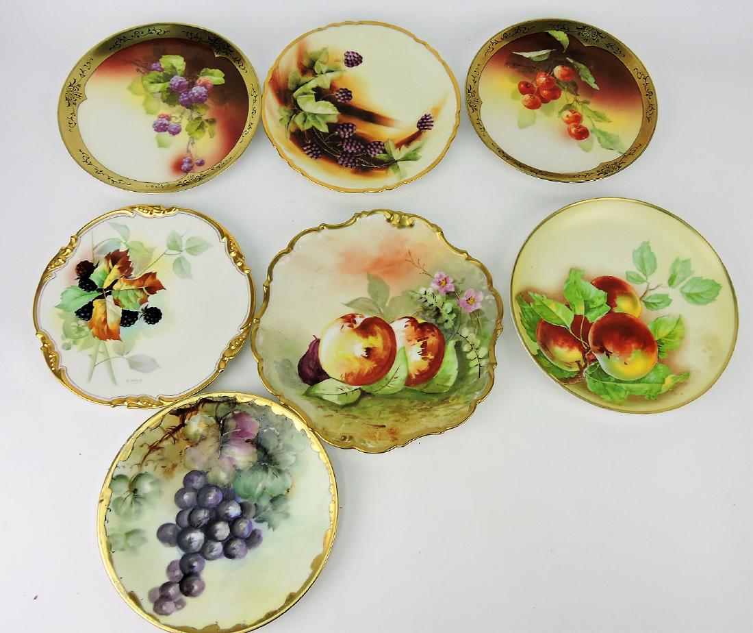 Limoges and Bavarian lot of 7 hand: painted plates with fruit motif, 8 1/2" to 10"
