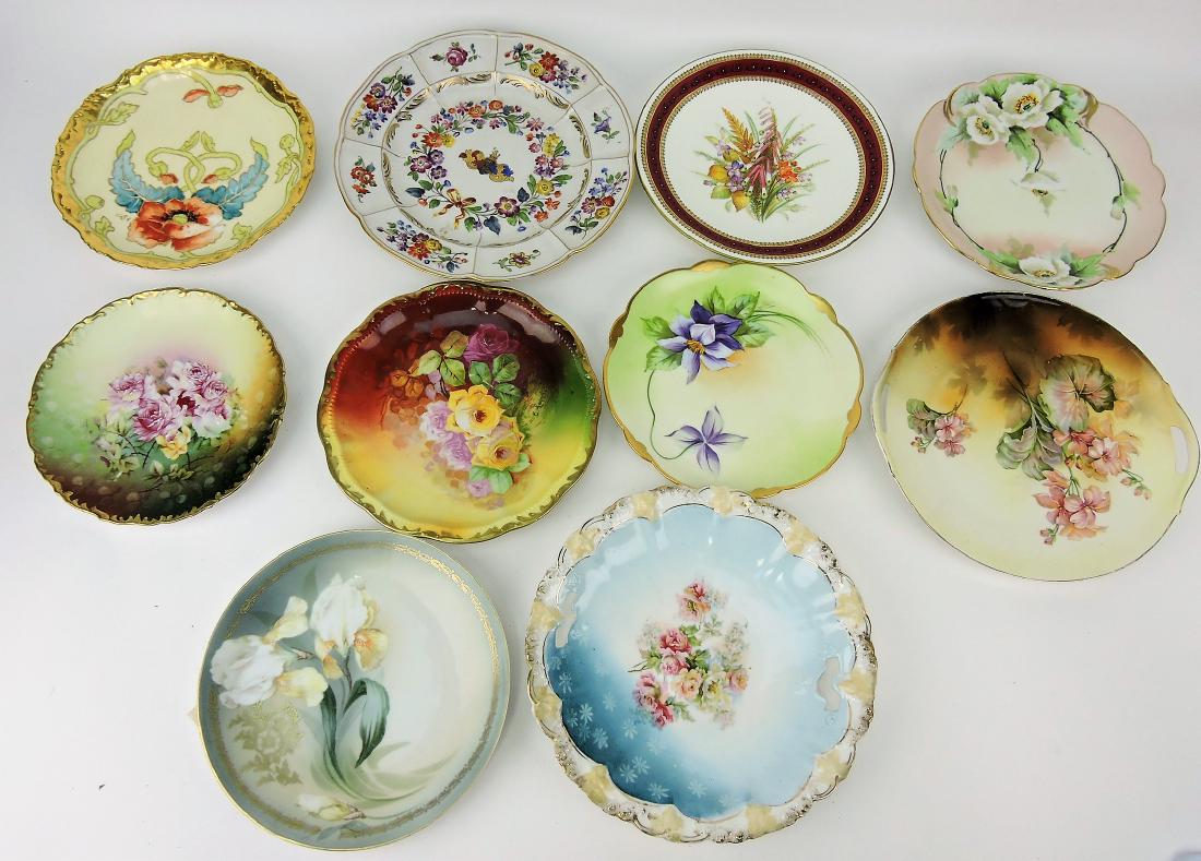 Limoges and Bavarian lot of 10 hand: painted plates with floral motif, 7 1/2" to 10"
