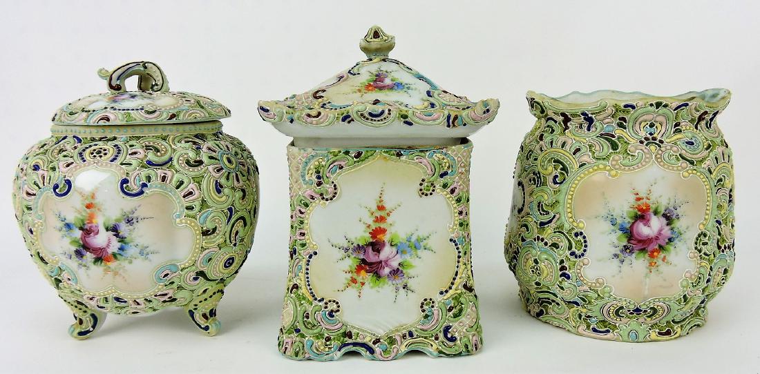 Moriage lot of 3 biscuit jars, one: no lid