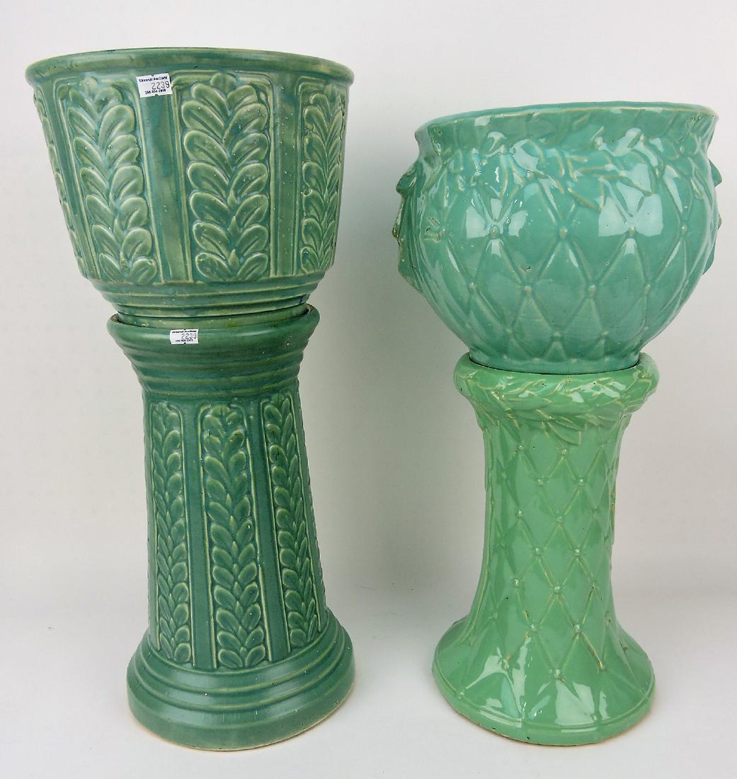 Green pottery jardiniere & pedestal,