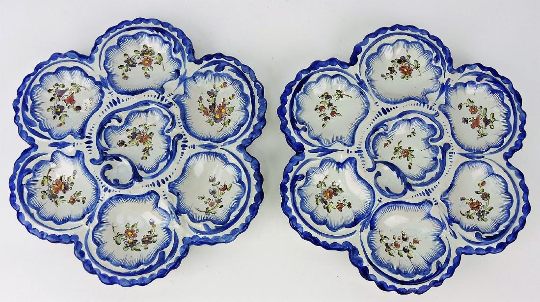French Faience pair of blue six well: oyster plates, 11"