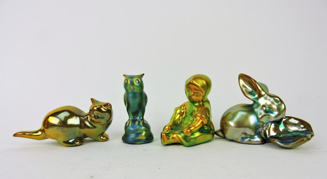 Zsolnay lot of 4 figures; cat, owl, girl, (1 of 1)