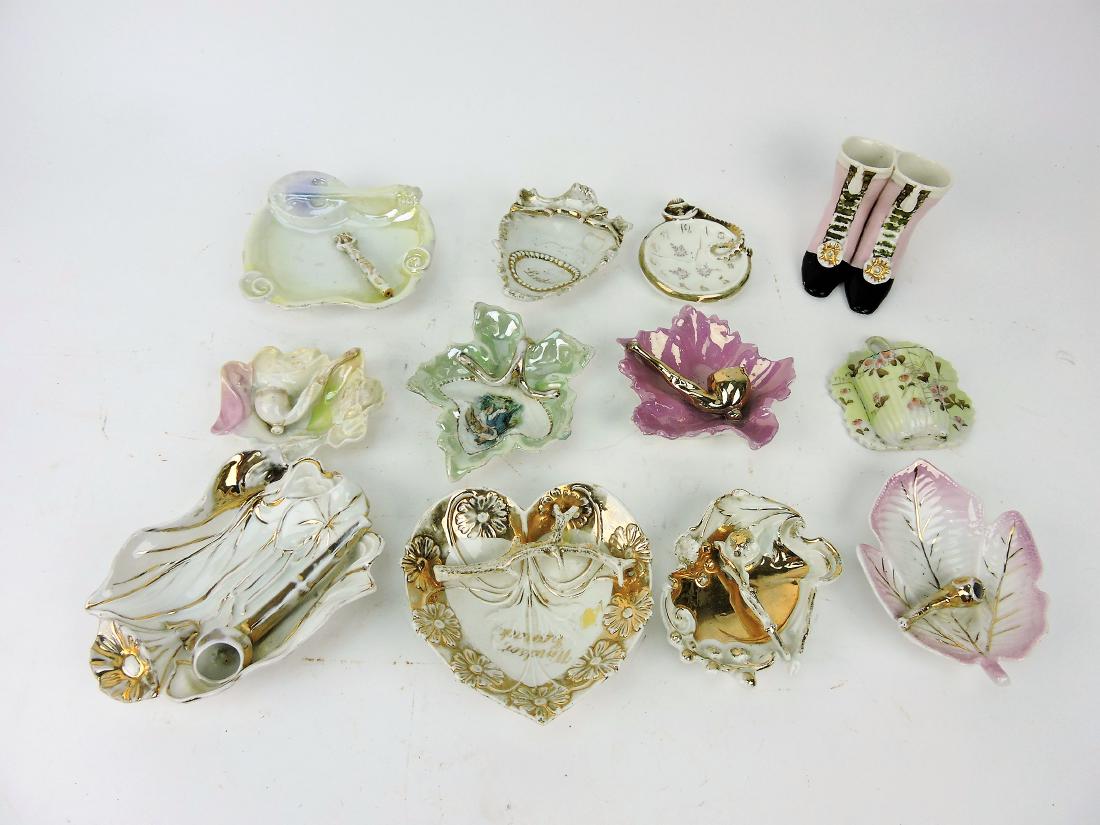 Porcelain lot of 12 novelty trays and: metal holders, various condition