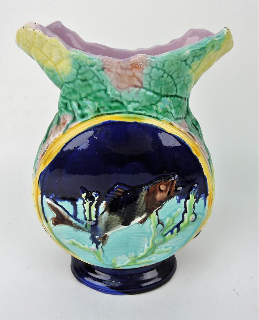 Majolica fish and bird vase with begonia: leaf sides, 9 1/2"
