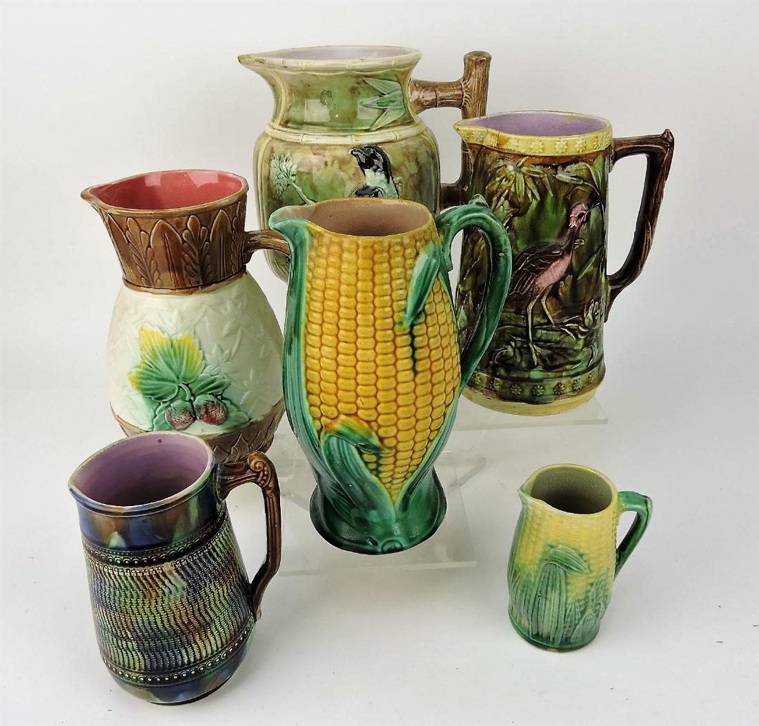 Majolica lot of 6 pitchers, 4 1/2" to: 9 1/2", various condition