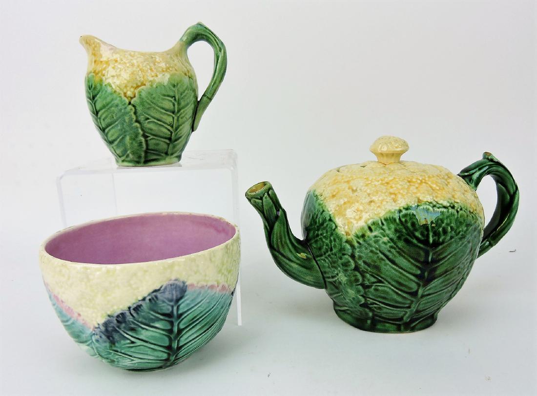 Etruscan majolica cauliflower teapot,: creamer, waste bowl, various condition