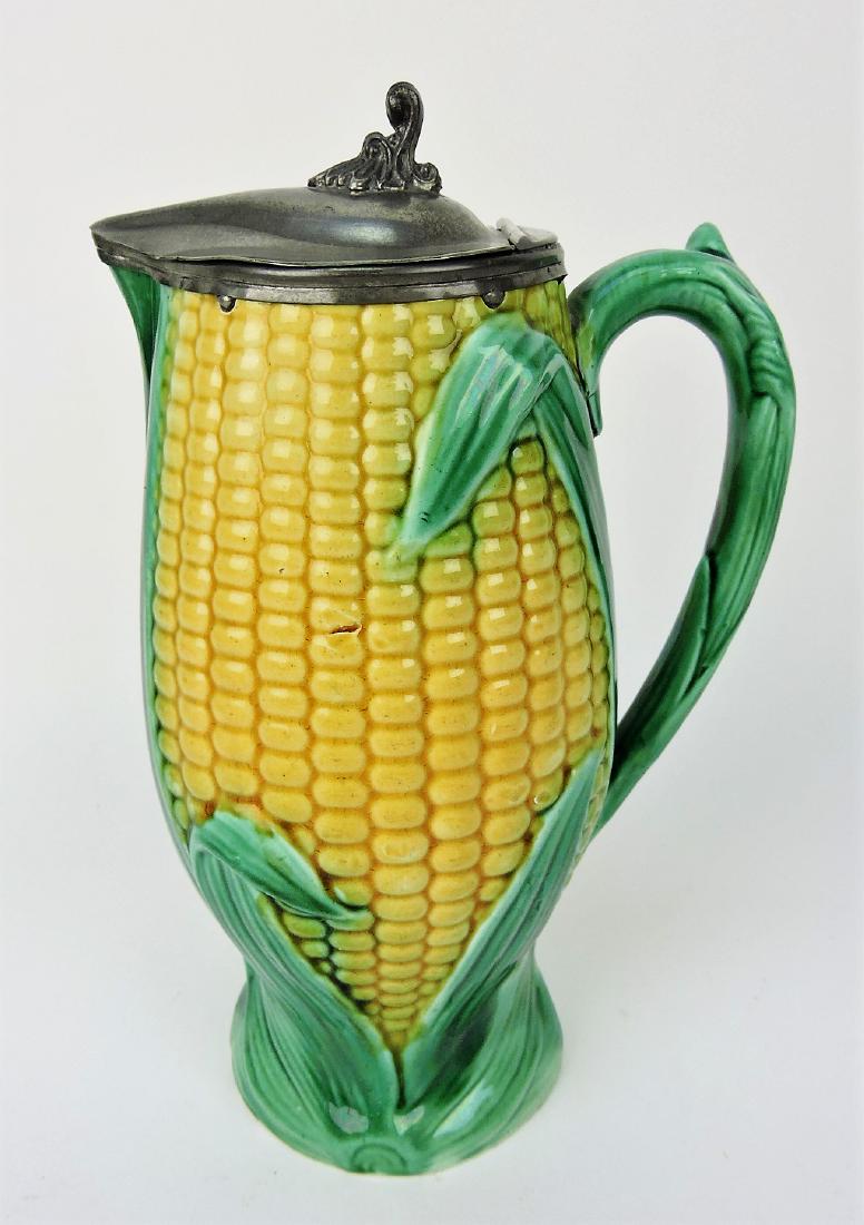 Majolica corn pitcher with pewter lid, (1 of 1)