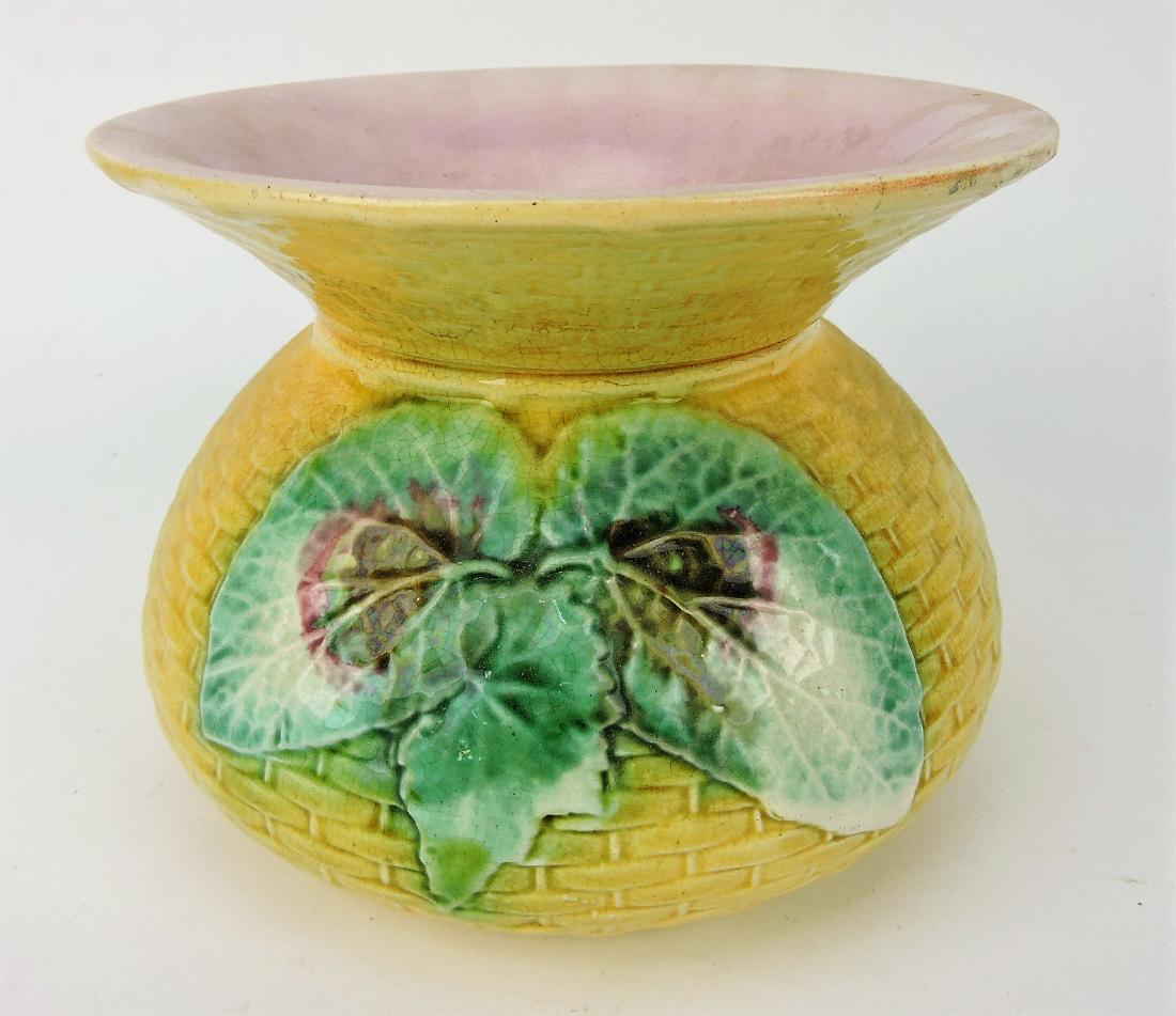 Majolica begonia on basket spittoon,: minor hairline to rim