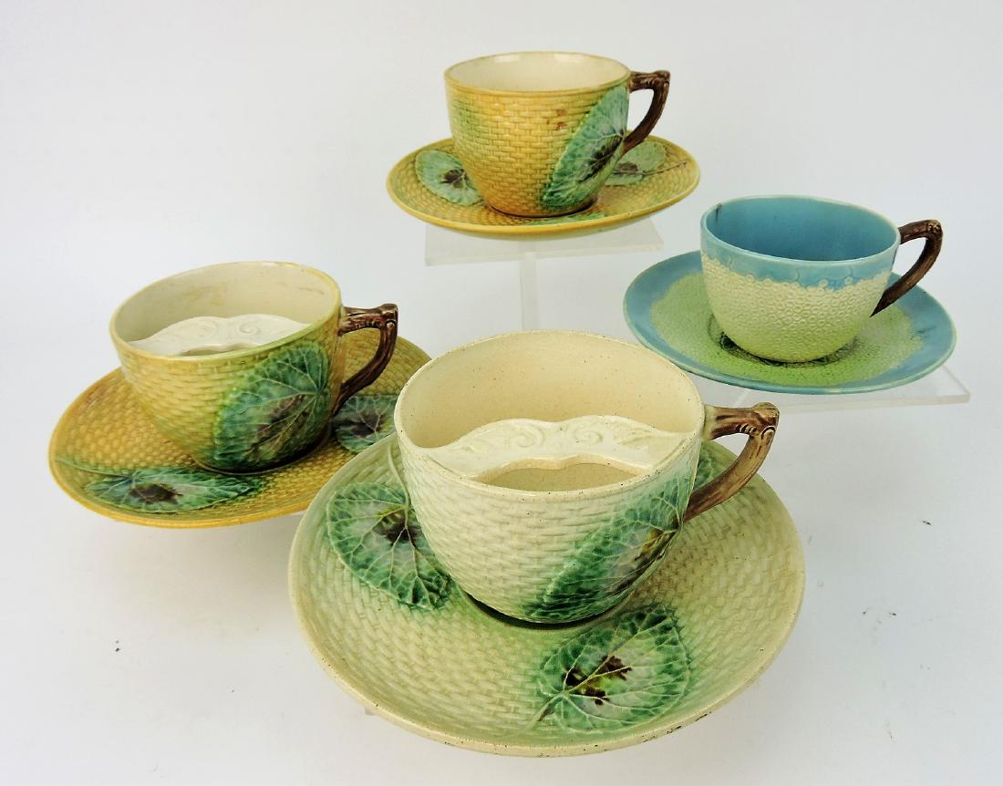Majolica lot of 4 cups and saucers,: including 2 mustache cups, various condition