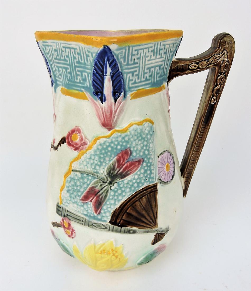 Majolica dragonfly and fern pitcher,: 9 1/2"