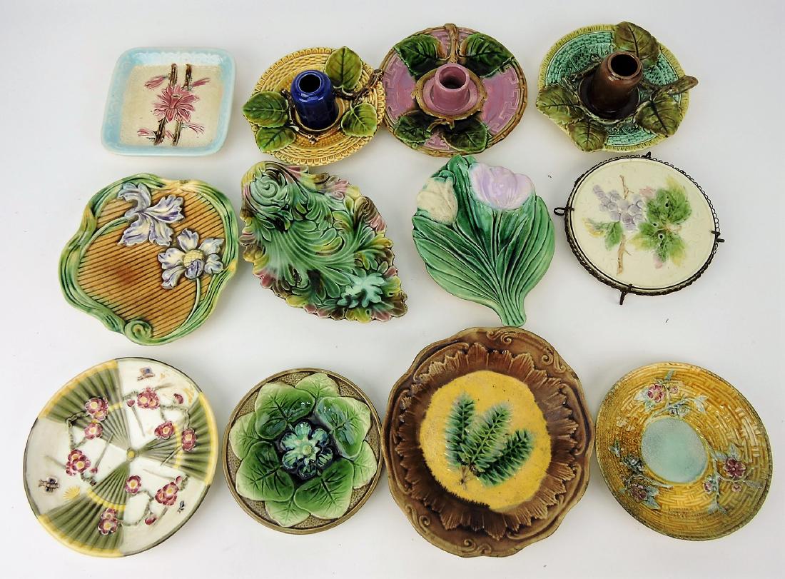 Majolica lot of 12 plates, trays, &: trivet, various condition