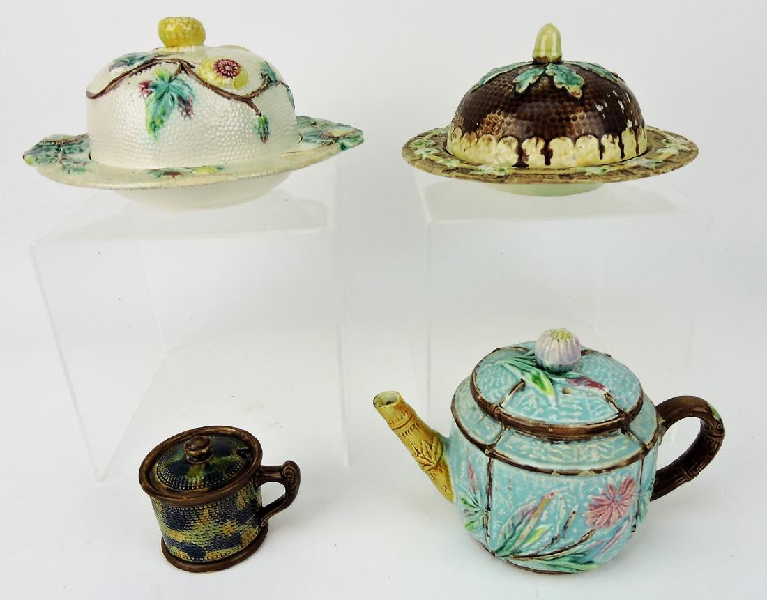 Majolica lot of 2 butter dishes,: marmalade, teapot, various condition