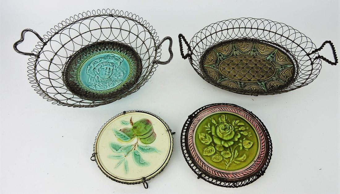 Majolica lot of 2 wire frame plates: and 2 trivets