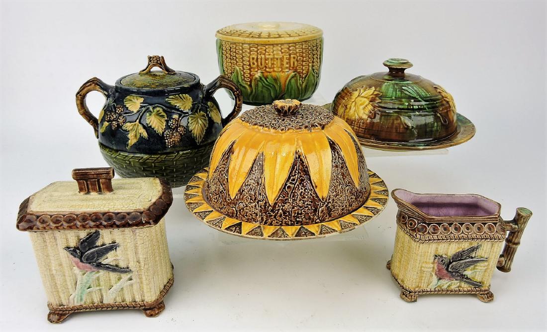 Majolica lot of 6 items; 3 butter dishes, (1 of 1)