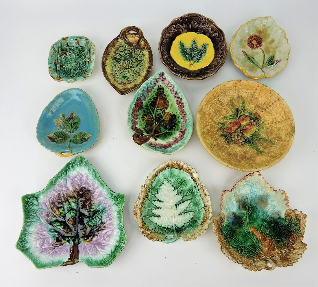 Majolica lot of 10 leaf trays & bowls (1 of 1)