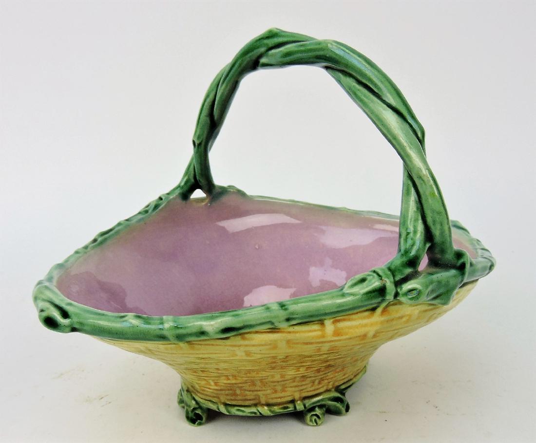 Etruscan majolica rare wicker basket: with vine handle, 8"w, very rare