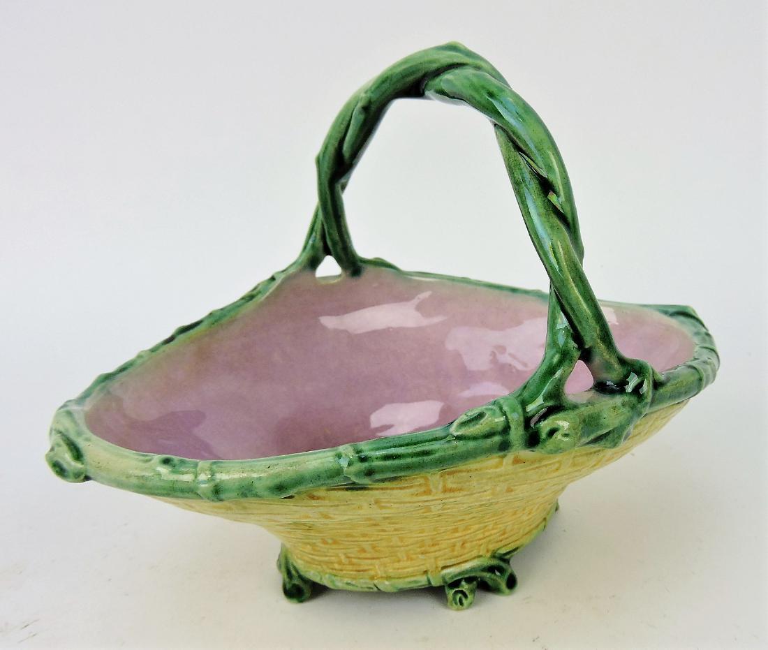 Etruscan majolica rare wicker basket: with vine handle, 8"w, very rare