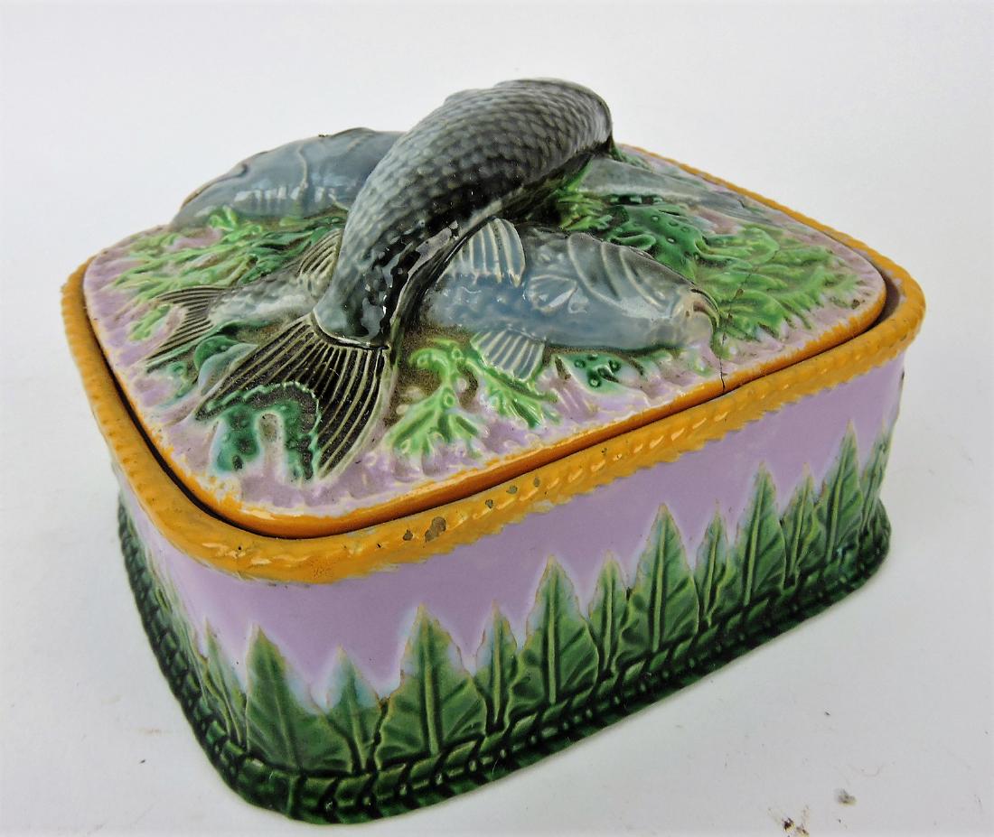 George Jones pink acanthus sardine: box, staple repair to lid