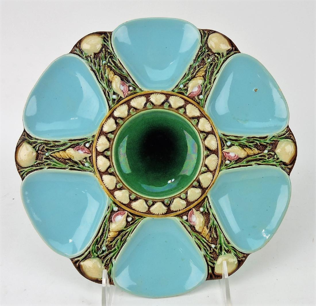 Minton majolica 6 well turquoise: oyster plate, 9", minor glaze rub