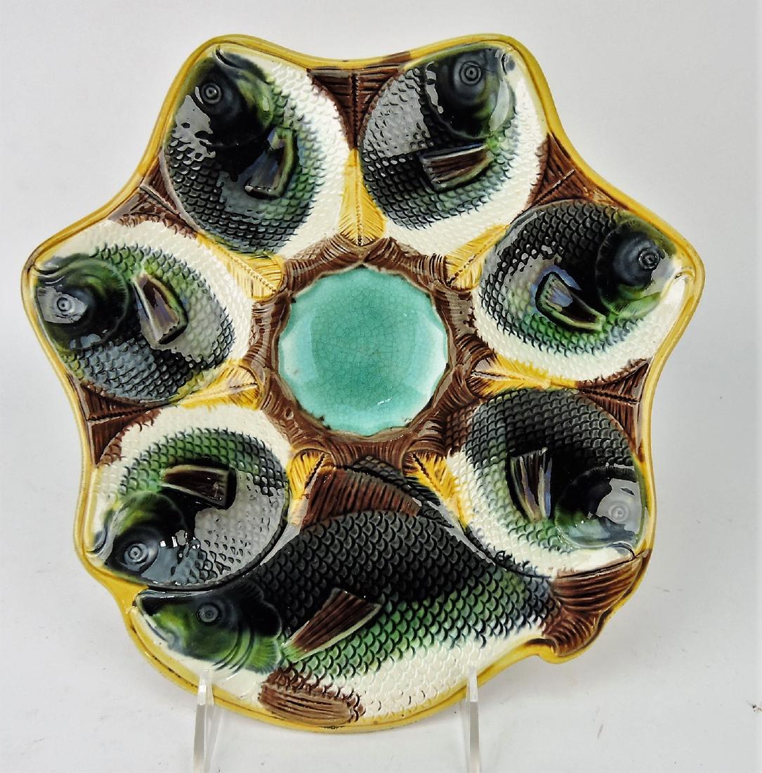 Adams & Bromley majolica 6 well: oyster plate with large fish cracker well, 10"