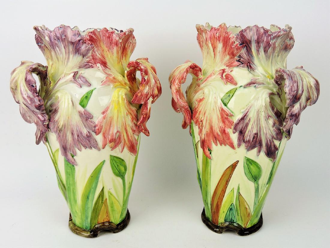 Delphin Massier majolica pair of 13": flower form vases