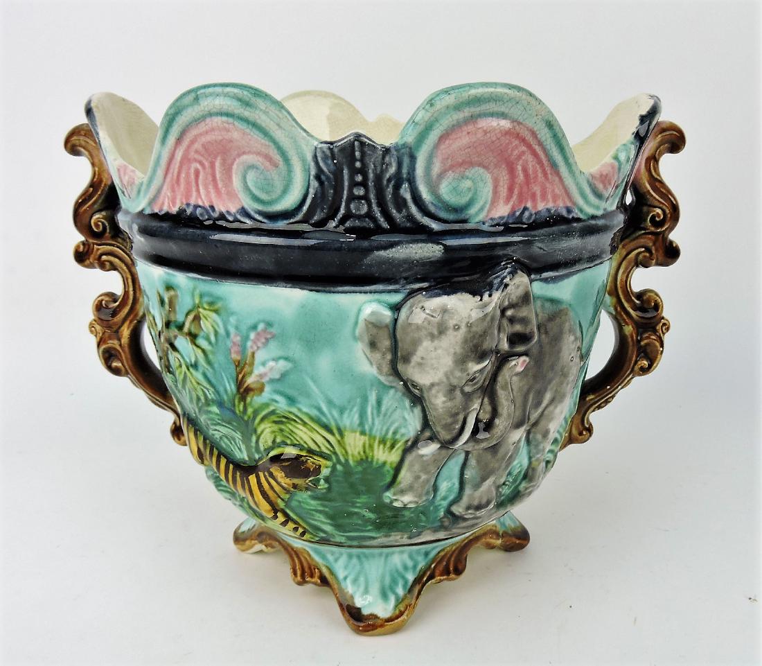French majolica "Jungle" jardiniere: with tiger and elephant, 9 1/2"