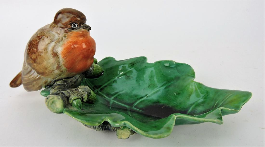 Minton majolica bird on oak leaf small: tray, 9", professional rim repair