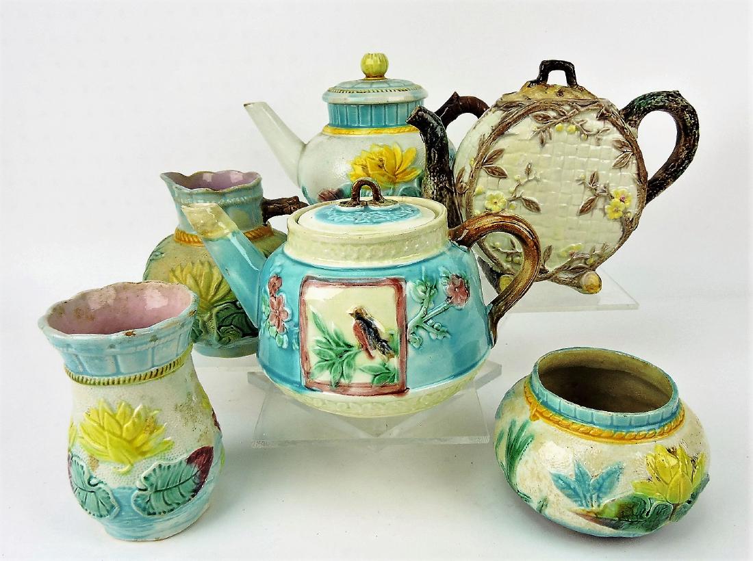 Majolica lot of 6 items; 3 teapots, (1 of 1)