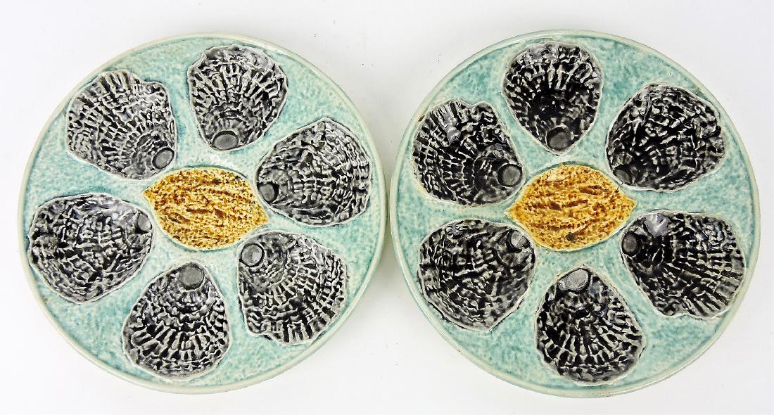 French majolica pair of 6 well: oyster plates with lemon center, 8 3/4"