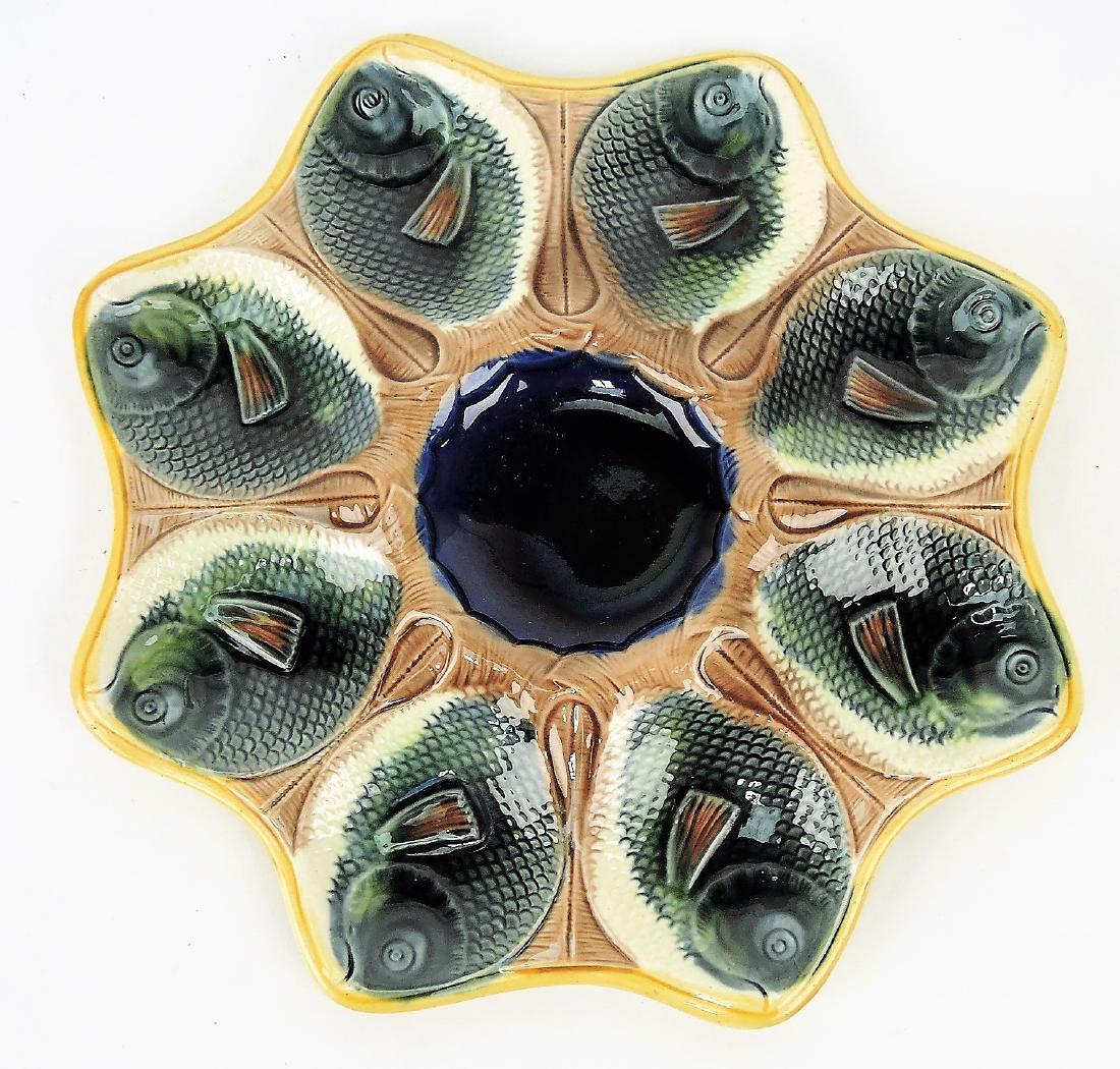 Adams & Bromley majolica rare 8: well fish oyster plate, 10 1/2"