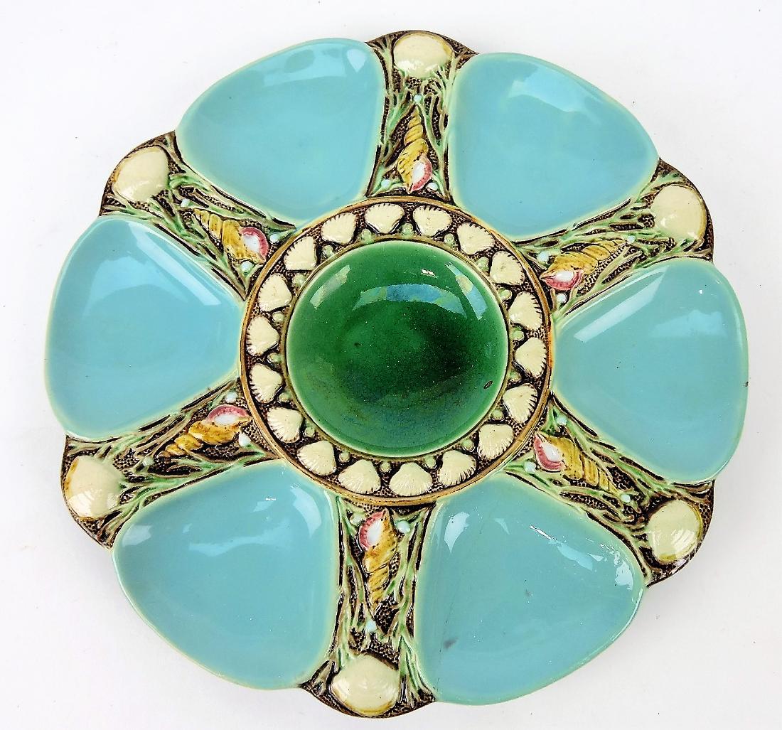 Minton majolica six well turquoise: oyster plate, 9", hairline repair
