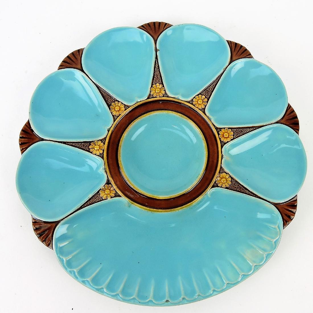 Minton majolica six well turquoise: oyster plate with cracker well, 9 3/4"
