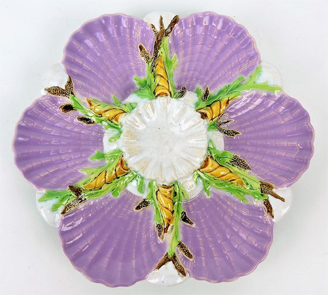George Jones pink majolica six well: oyster plate, 8 1/2"