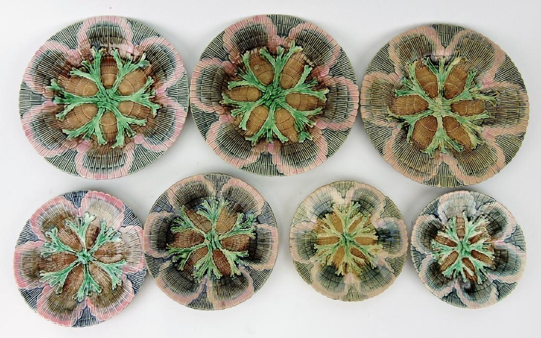 Etruscan Majolica shell and seaweed: group; 3 - 9 1/4" plates, 1 - 7" plate, 3 saucers