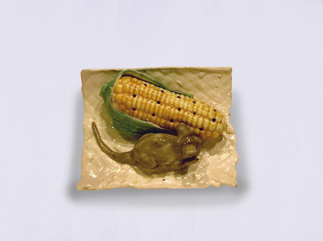 Rare Portuguese Palissy Majolica Mouse &: Corn Toothpick Holder c,1880, 4 1/2"l