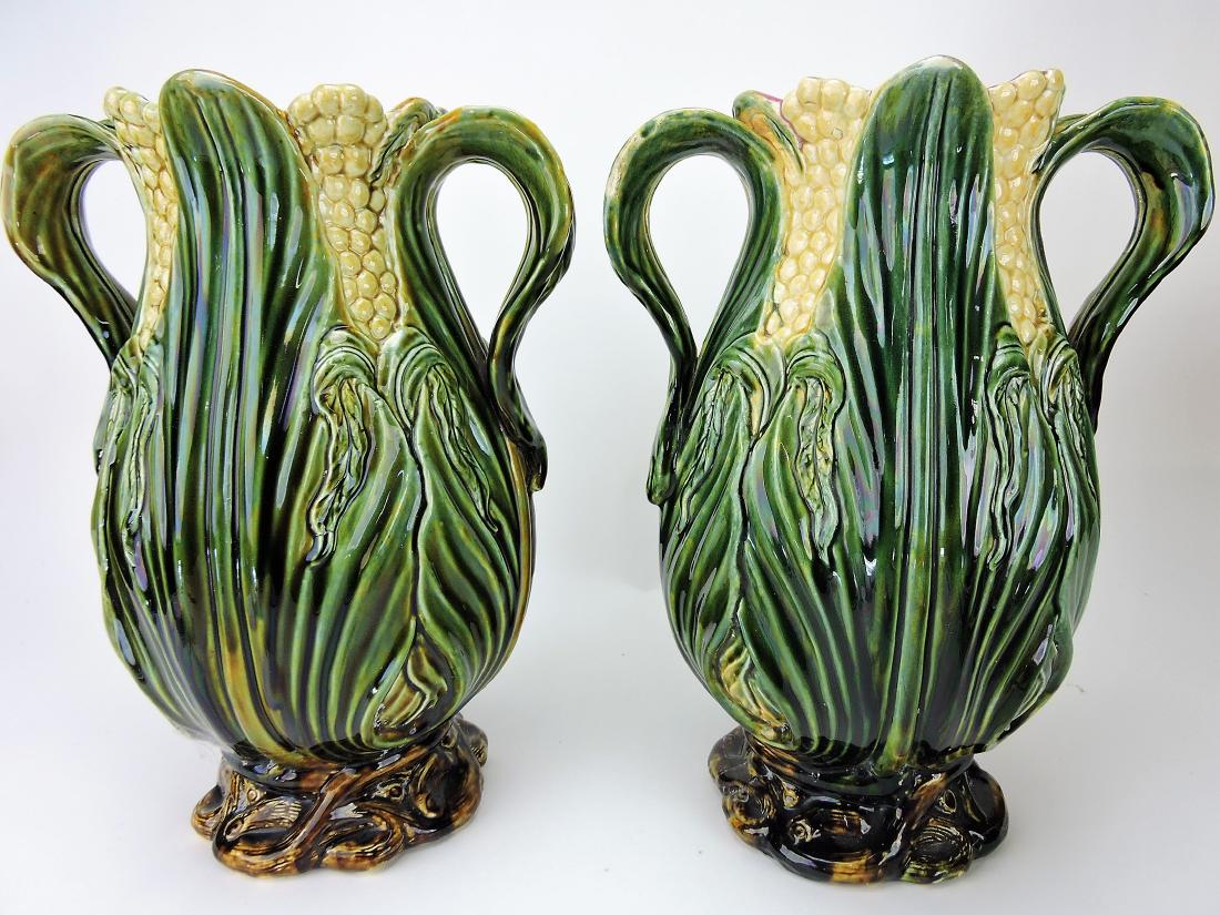 Majolica pair of monumental corn: vases with leaf handles, 17"