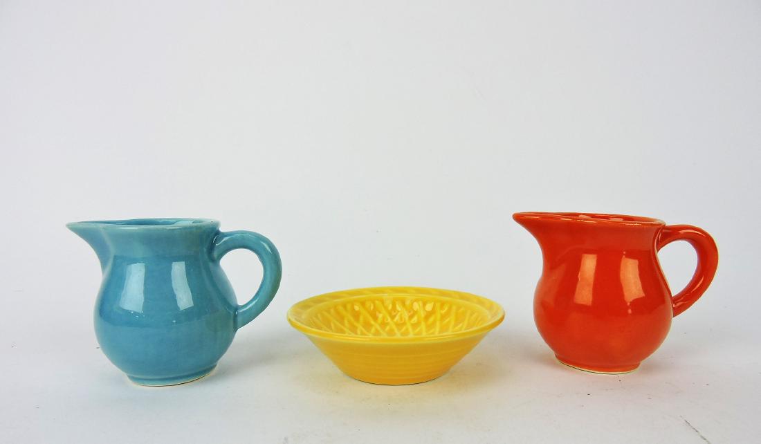 Fiesta Harlequin lot of 2 individual: creamers, turquoise & red, and yellow nut dish