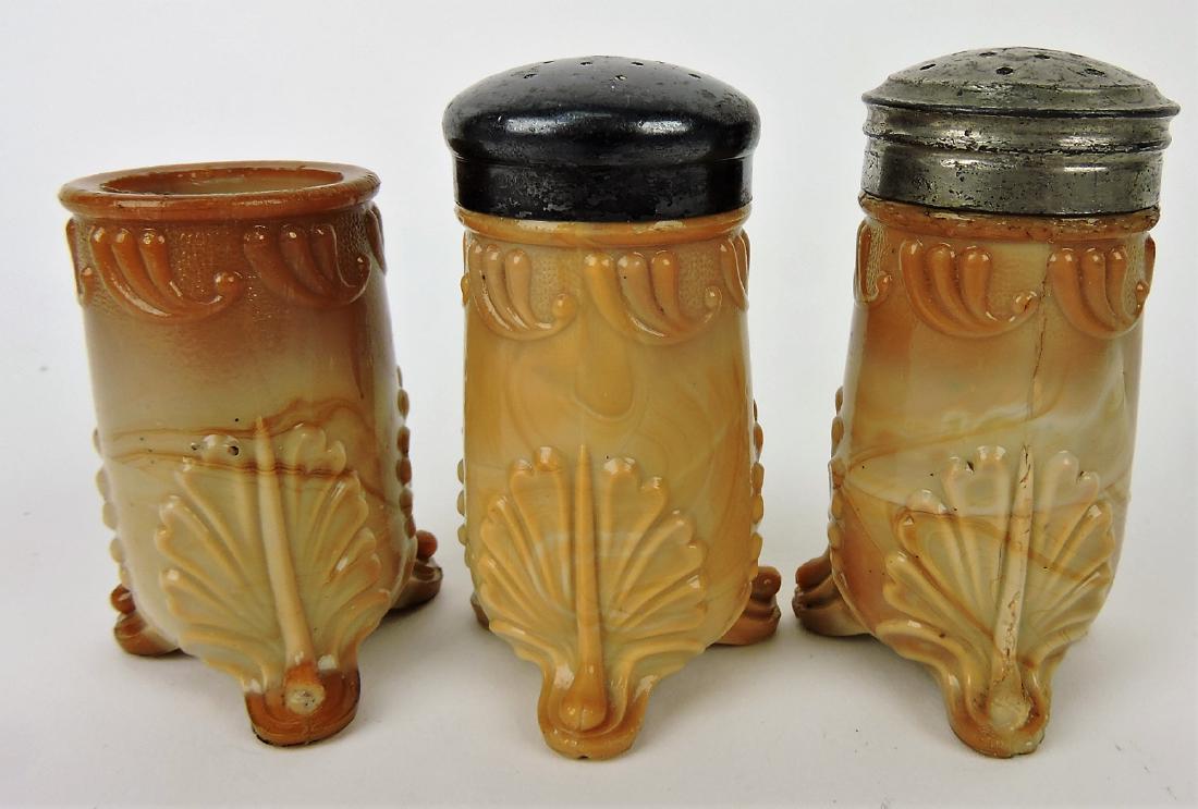 Greentown chocolate glass leaf: bracket salt, pepper, toothpick holder