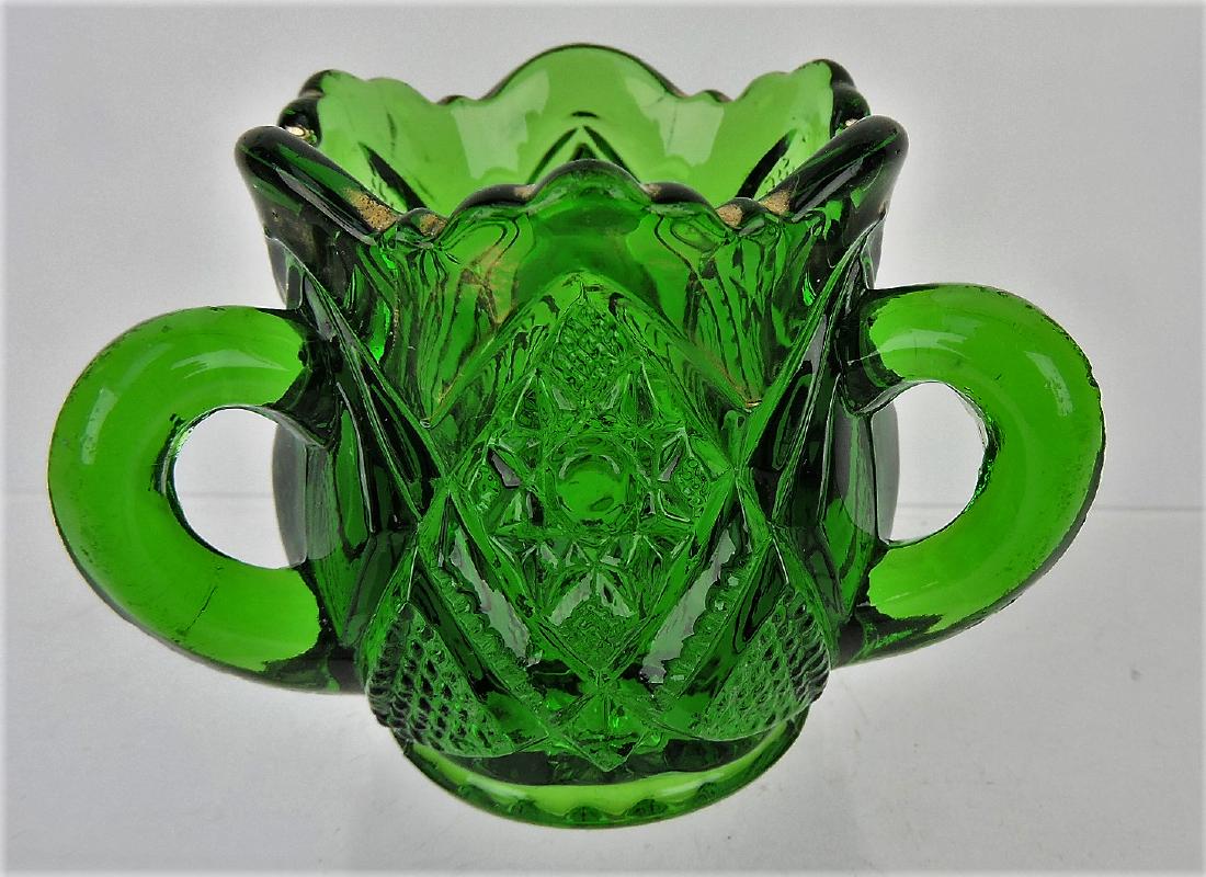 U.S. Glass Co emerald green: "Minnesota" tri-handled toothpick holder with gold accent