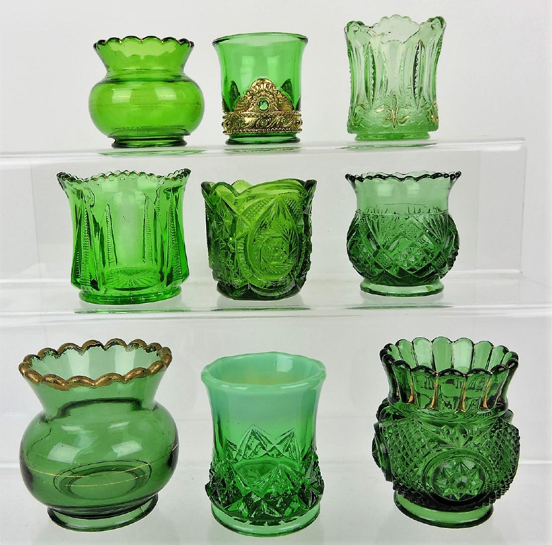 Green pattern glass lot of 9: toothpick holders