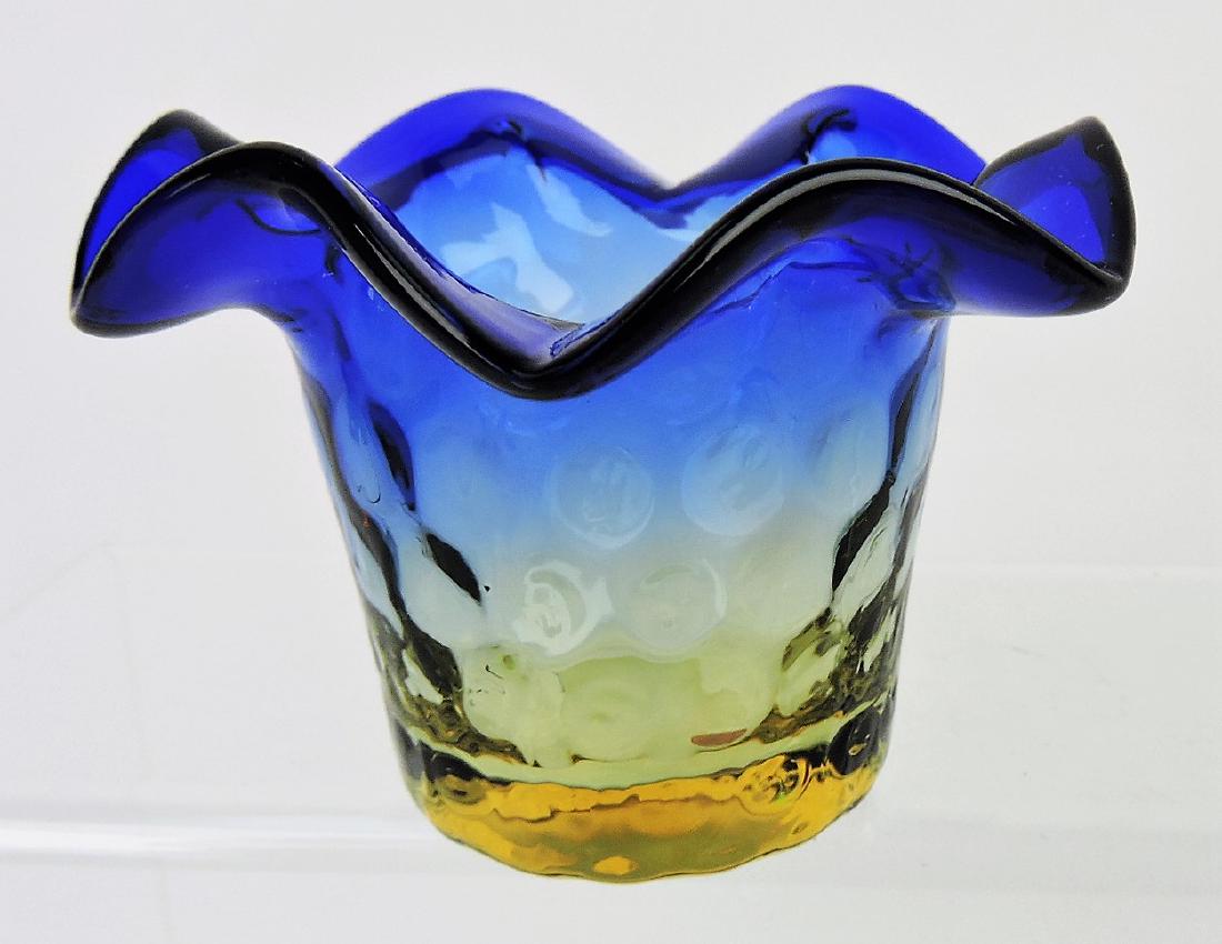Blue over amber art glass: toothpick holder
