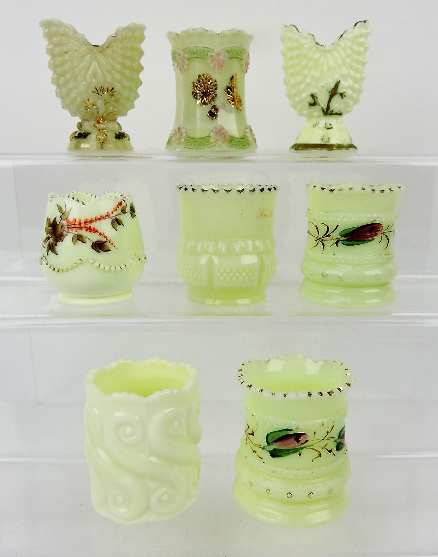 Custard glass lot of 8 toothpick: holders, some with nicks