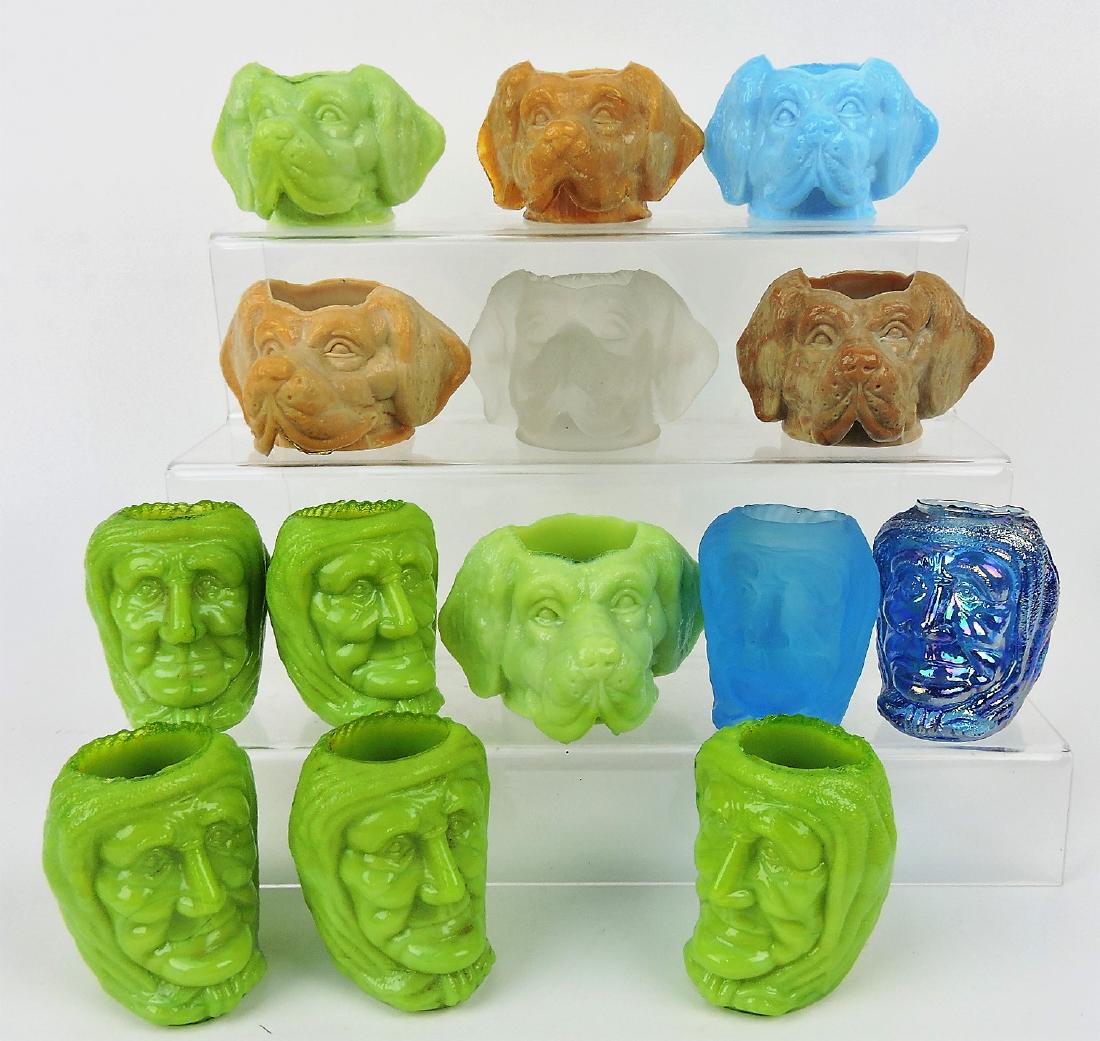 St. Clair and other lot of toothpick: holders, 7 dog heads and 7 witch heads