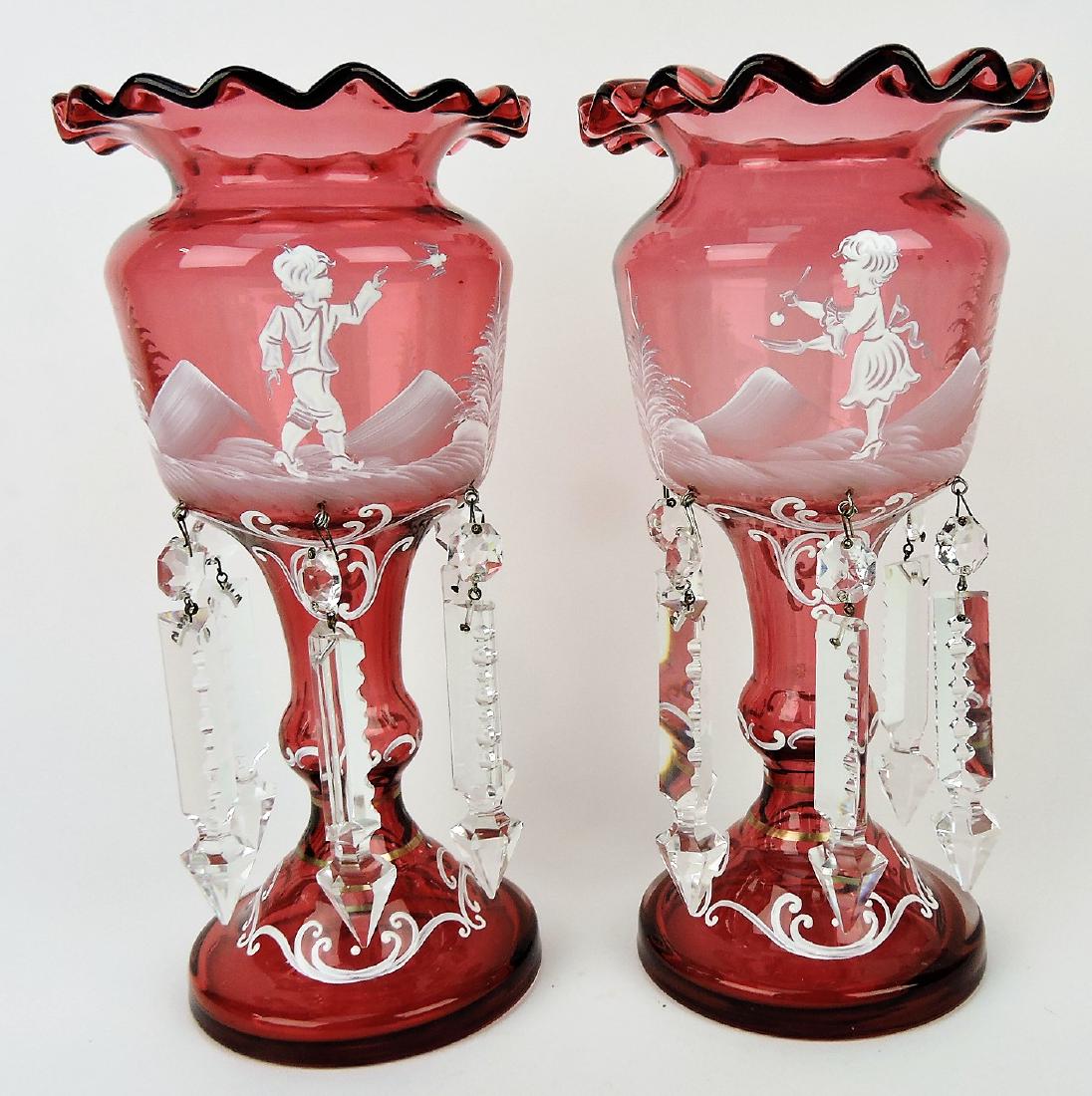 Cranberry Mary Gregory pair of: candle lustres with prisms, 10"
