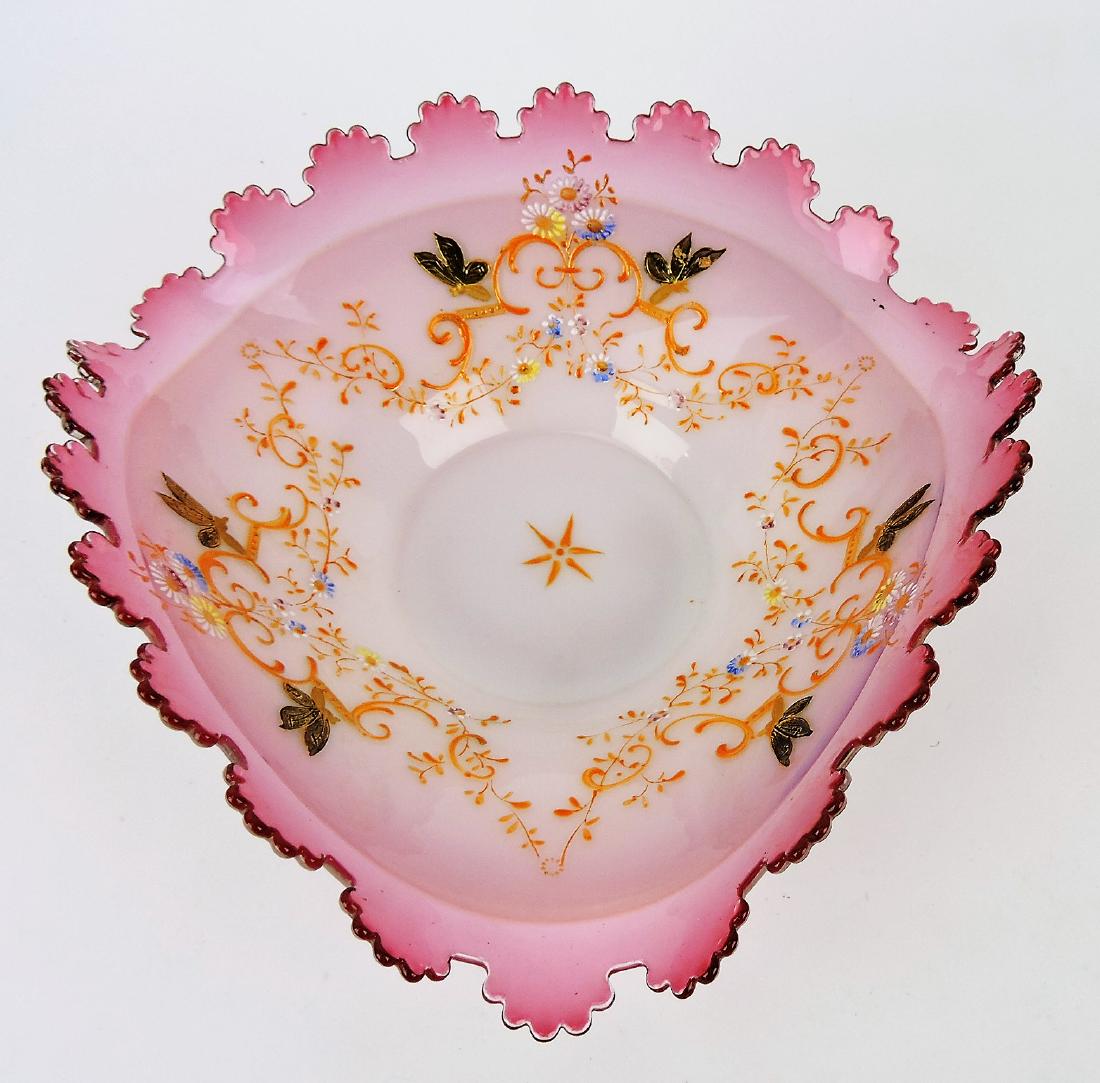Cranberry cased glass tri-corner: bride's bowl with dragonfly & floral enamel, 11"