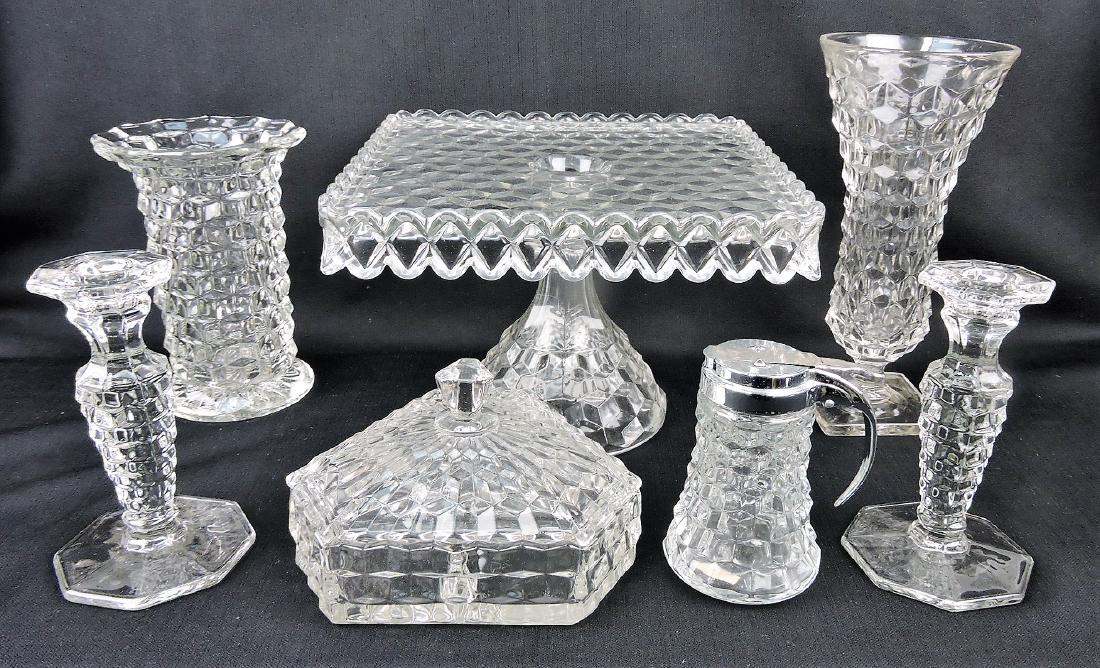 Fostoria America lot of 150 pieces: including square coke stand, six sided candy, syrup, ice bucket, candle sticks, salt dips, cream/sugars, plates, goblets, trays, cruet vases, bowls, trays, 14 American Lady stems, and more