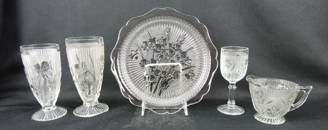 Depression glass Iris & Herringbone: lot of 22 pieces; 4 clear wine goblets, 3 water goblets, ice tea, creamer, 8 - 9 1/2" plates, marigold 5 pieces