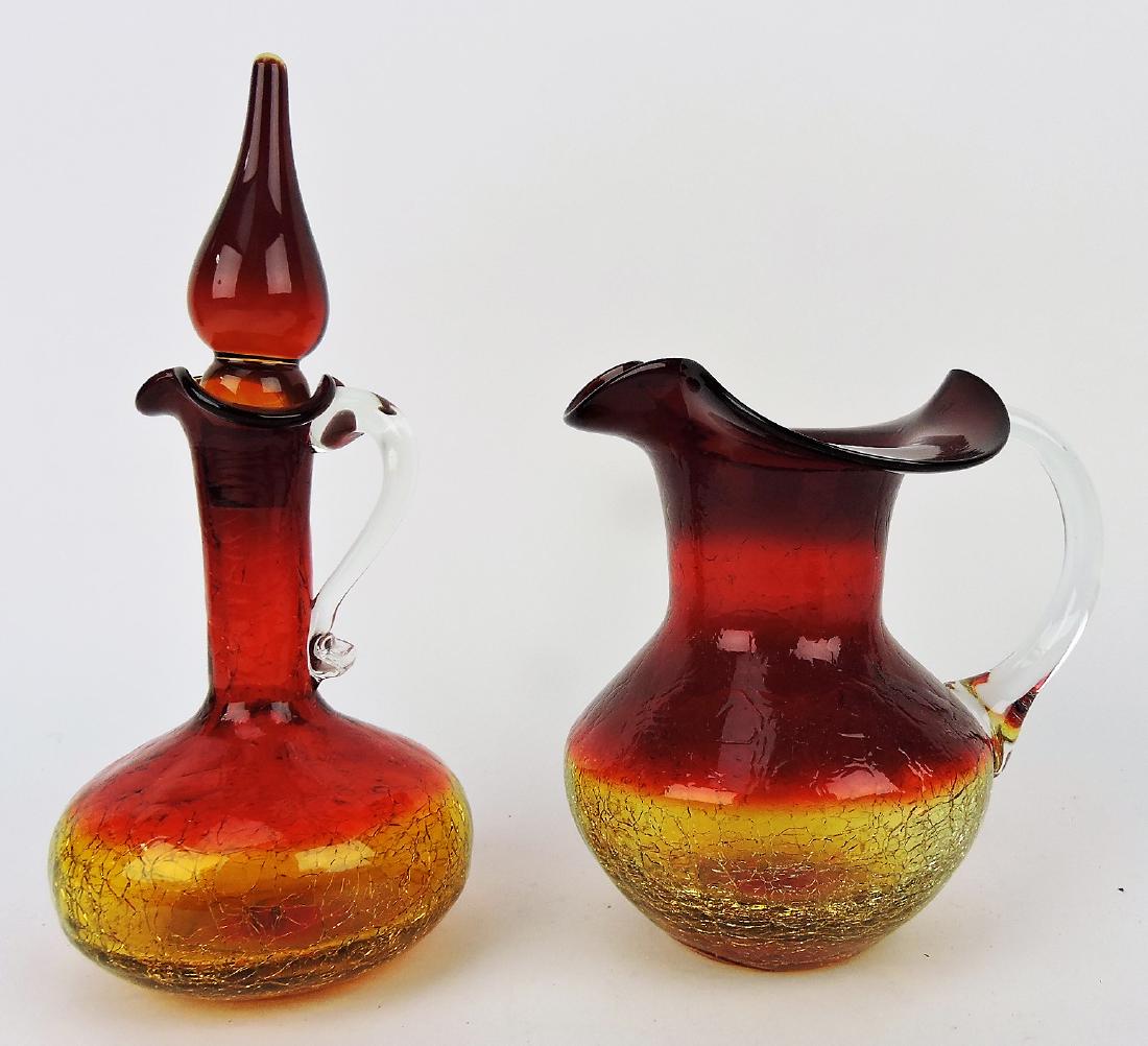 Blenko amberina crackle glass: cruet, 10", and 6 1/2" pitcher