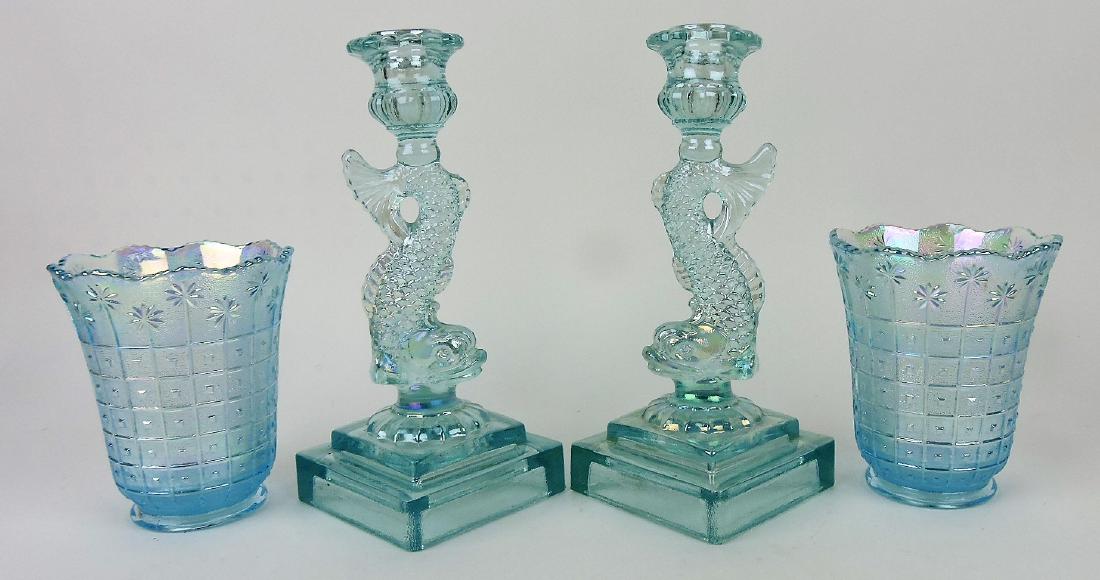 Imperial glass ice blue carnival: glass pair of dolphin candle sticks and pair of vases